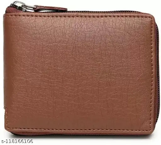 PU Classic world zip Style Regular wallet for men - Solid brown bi-fold wallet with 2 compartments and coin pocket