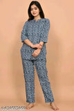 Designer printed rayon night suit, three-quarter sleeves, pyjamas set on display stand, India origin