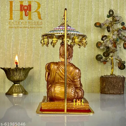 Copper and brass statue of Shivaji Maharaj under an umbrella, decorative home item, idol for worship