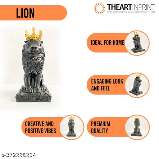Black polyresin royal king lion figurine with crown - intricately detailed home decor showpiece, 28 cm tall (India origin)