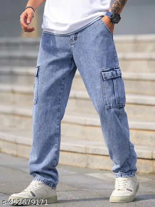 Ice blue denim men's jeans by Zara - loose fit, oversized, dyed/washed, denim trousers with sizes 28, 30, 32, 34 (waist 28-34, hip 38-44, length 42in). Indian origin