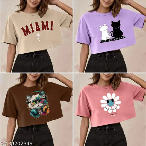 Oversized printed women's crop tshirt combo pack of 4 trendy fashionista styles, bright colors, cute designs