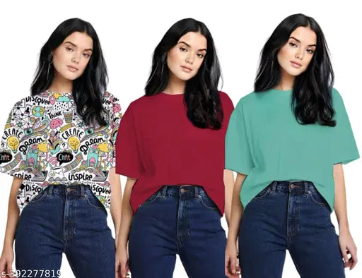 Pav trending oversized tshirt women combo of 3. Red, navy, mustard yellow