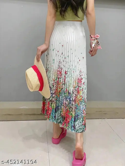 Brush print pleated midi skirt with elastic waist