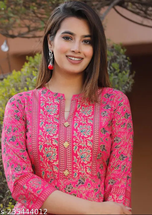 Party wear rayon kurti with three-quarter sleeves and printed combo, women's fashion for special occasions. (M: 38in bust x 52in length; L: 40in bust x 52in length; XL: 42in bust x 52in length; XXL: 44in bust x 52in length) India-made fashion