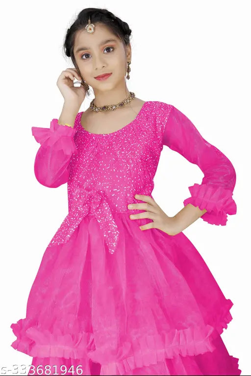 Fine net long sleeve kids gown, solid pattern, exquisite craftsmanship, India origin, 5-6 years size
