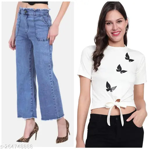 Blue denim jeans combo: high waist, regular fit, ankle length, printed t-shirt, clean blue denim, Indian origin