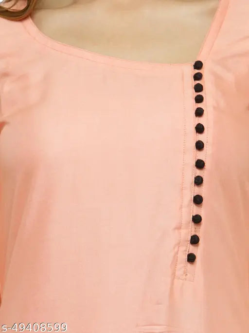 Peach solid rayon kurti with black detailing