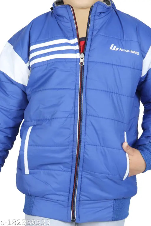 Blue and white reversible winter jacket with hood