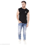 Black cotton blend sleeveless hooded T-shirt for men, solid design on trendy outfit