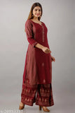 Rayon printed net Banita refined women's kurta set with palazzo bottoms, three-quarter sleeves - size S