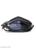Glossy black sling bag with multiple compartments and zip closures, suitable for women or girls