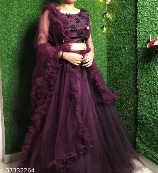 Wine jute silk and net lehenga set with embroidered top and ruffle dupatta, semi-stitched or free size