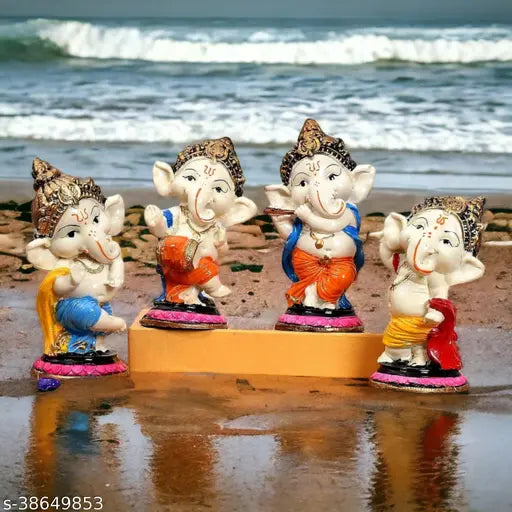 Handcrafted polyresin Laxmi marble & granite Flute Ganesh sculptures, pack of 4 for home or office decor, 6cm x 15cm x 6cm