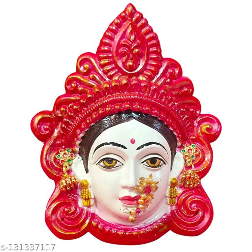 Red Polyfibre Mahalaxmi god idol, 12cm tall for home or office worship, symbolizes wealth, prosperity, and beauty. Indian origin
