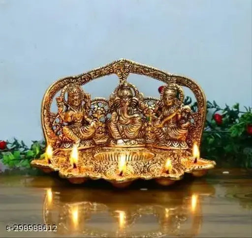 Metal Laxmi Ganesh Sarawati with 5 Diyas, Indian god idol for home, temple, office and gifting. Dimensions: 20x13x12.5 cm