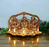 Metal Laxmi Ganesh Sarawati with 5 Diyas, Indian god idol for home, temple, office and gifting. Dimensions: 20x13x12.5 cm