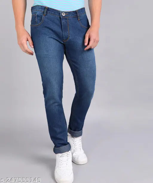 Dark blue cotton blend Inspire slim fit jeans, mid-rise with belt loops, button & zip closure. Ideal for casual style." (95 characters)