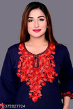 Elegant long-sleeved Aari kurti in navy blue wool, featuring intricate embroidery with floral pattern