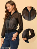 Solid net long sleeve zipper jacket, lightweight mesh material for transitional seasons, perfect casual wear