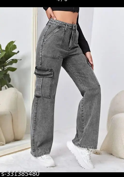 Dark wash denim jeans with six pockets, cropped flare style
