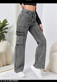 Dark wash denim jeans with six pockets, cropped flare style
