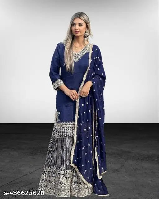 Navy blue kameez set, full-length, traditional Indian attire with beaded border