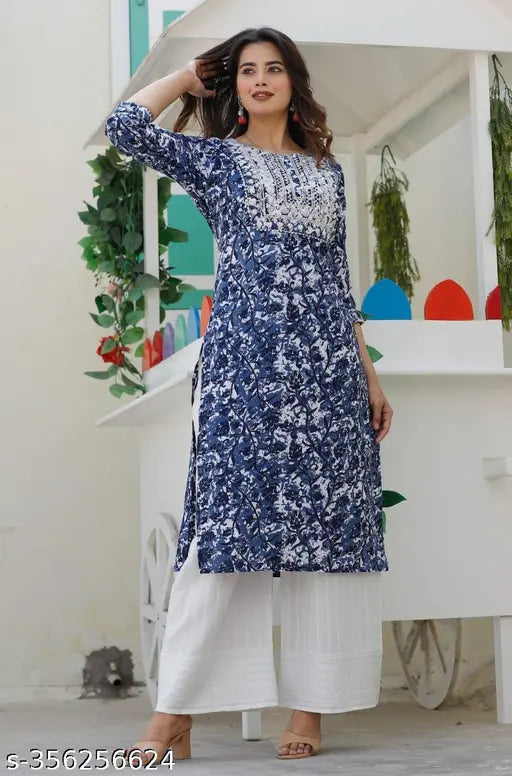 Navy blue chikankari print cotton kurti with Palazzos, 3/4th sleeve - Indian women's fashion