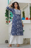 Navy blue chikankari print cotton kurti with Palazzos, 3/4th sleeve - Indian women's fashion