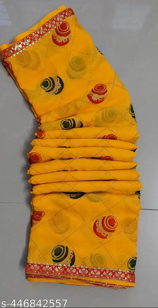 Matka design saree, yellow color with checkered print and striped pattern, new arrival festive Diwali pooja Georgette material