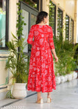 Red floral print rayon anarkali kurta, three-quarter sleeves, embroidered detail. New women's long dress for under $500. A-line shape with round neck and flattering fit. Jaipuri print kurti from India