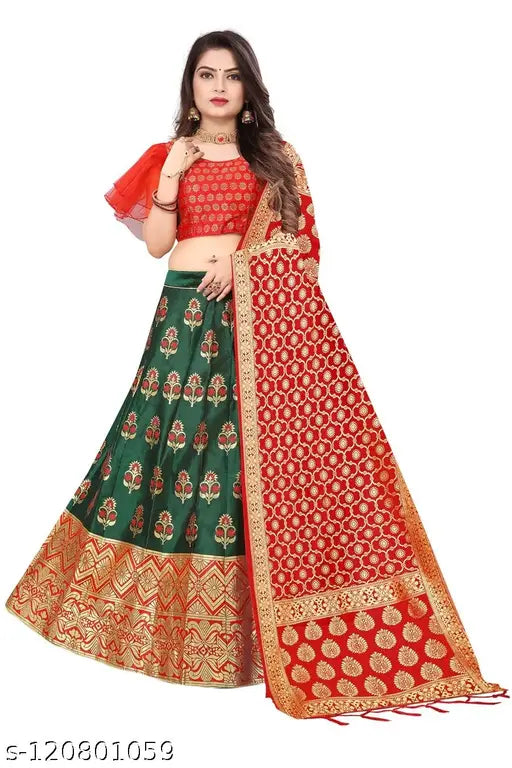 Chanderi Silk Banarasi Jacquard Lehenga, Radhika - 100% best quality, ready-padded blouse and dupatta with matching jewelry for a traditional Indian look" (125 characters)