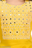 Embellished rayon yellow dress with three-quarter sleeves, suitable for girls aged 2-12 years. Indian craftsmanship showcases embroidered net detailing
