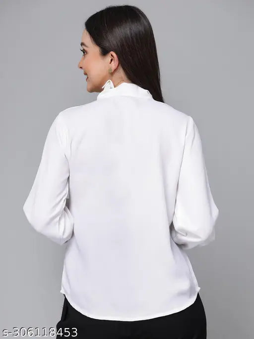 White polyester smart casual top, chic tie-up V-neck with long bishop sleeves and curved hem, Stylel Quotient women's wear from India