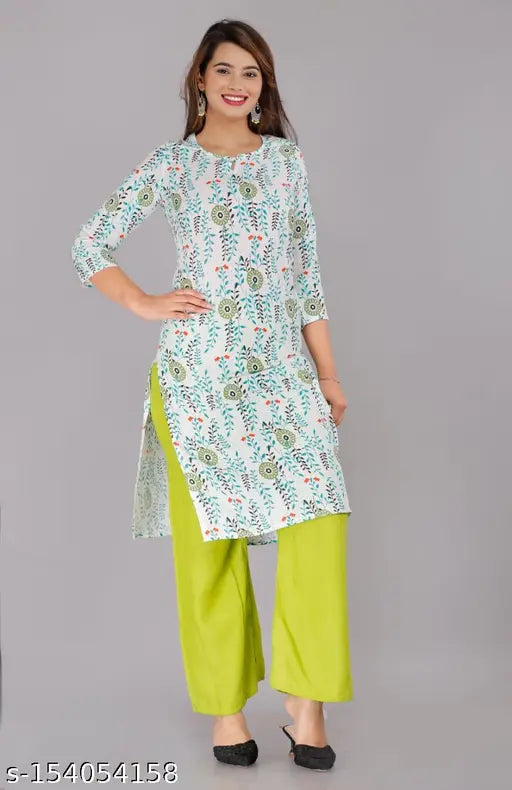 White Rayon Kurta Palazzo set for women - printed net, three-quarter sleeves, classic & trendy ethnic wear from India