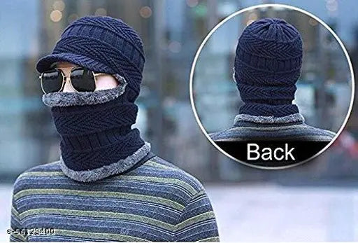Blue wool beanie cap with criss-cross pattern, super soft and warm, universal size for men and women