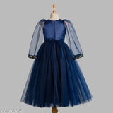 Navy blue cotton sleeveless party dress for girls, printed net toy balloon design, aged 1-2 years