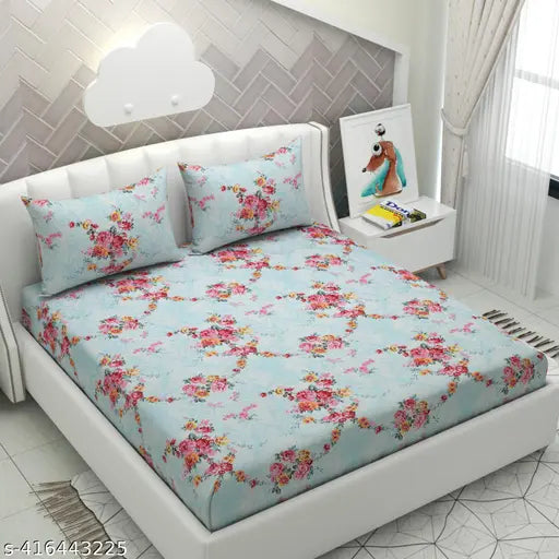 Sky Blue microfiber, super soft cotton printed double elastic fitted bedsheet with 2 pillow covers, ideal for summer
