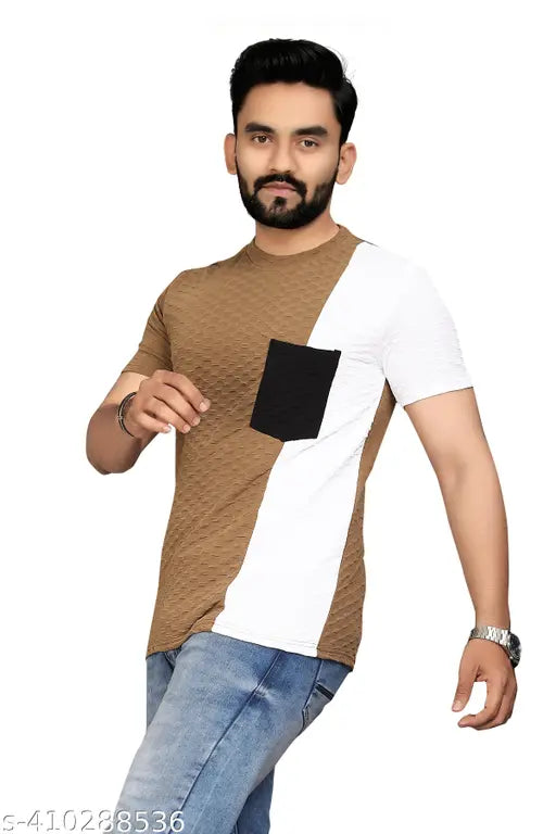 BeigeWhite colorblocked poly cotton men's t-shirt, breathable and comfortable for daily wear