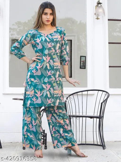 Printed cotton Women's kurta pant set with palazzos - Latest Indian design, casual and formal wear