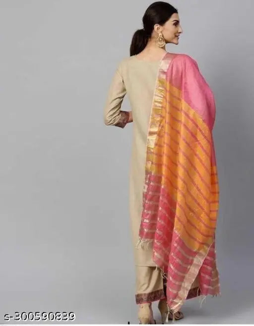 Chiku cotton kurta set with royal dupatta, solid net, three-quarter sleeves, palazzos bottom - Regal Noir Indian ethnic wear
