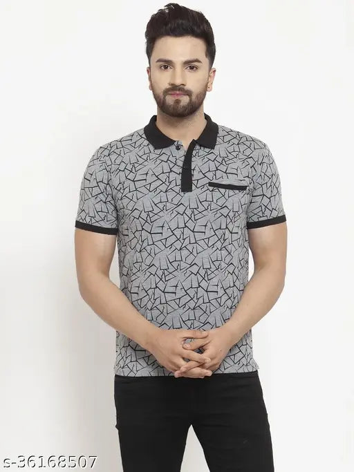 Grey cotton Wild West polo t-shirt with half sleeves and printed collar, featuring a Western motif. Ideal for stylish casual wear or parties