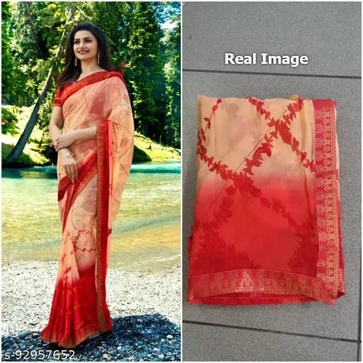 Red, cotton, printed, long saree