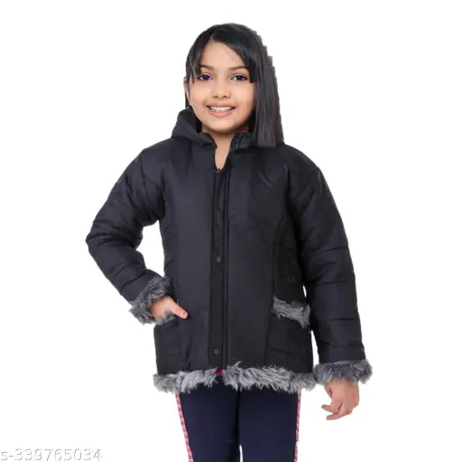 Black padded coat with fur trim, child's winter party jacket