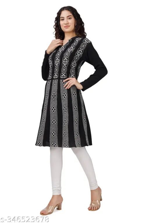 Black and white checked women's woolen frock kurti