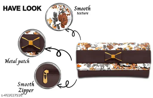 Women's brown floral clutch with metal zipper and two card slots