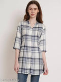 Off white and blue rayon checkered tunic for women, three-quarter sleeves, pleats detailing, attached side belts, raised mandarin collar