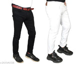 Black denim pants with red belt, white sneakers