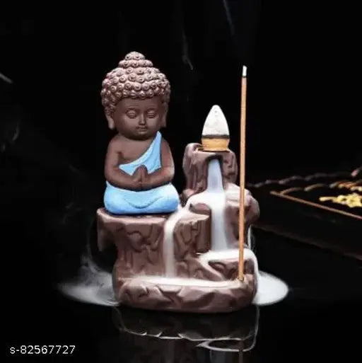 Blue black polyresin Buddha idol backflow incense holder with 10 cones, handcrafted artifact showpiece (12 cm)