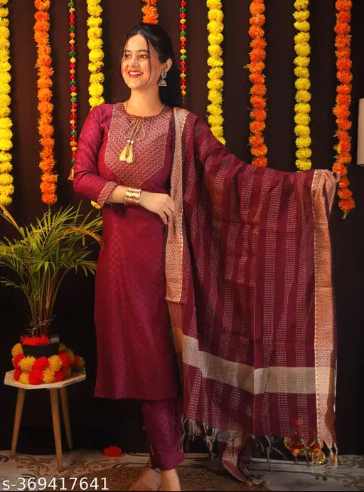 Red and gold embroidered kurta pant with dupatta for women